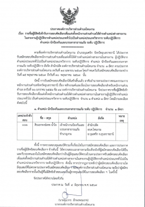 ประกาศรายชื่อผู้มีสิทธิเข้ารับการสอบคัดเลือกเพื่อแต่งตั้งพนักงานส่วนตำบลให้ดำรงตำแหน่งต่างสายงานในสายงานผู้ปฏิบัติจากตำแหน่งประเภททั่วไปเป็นตำแหน่งประเภทวิชาการ ระดับปฏิบัติการ ตำแหน่งนักป้องกันและบรรเทาสาธารณภัย ระดับ ปฏิบัติการ